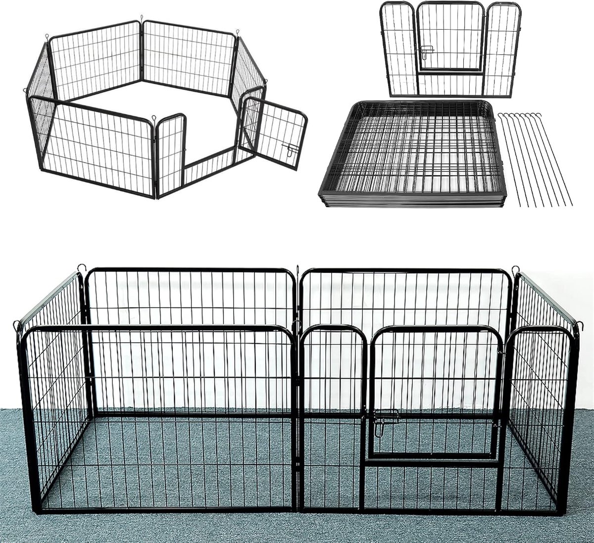 Puppybox, opvouwbaar, beschermhek, 6 panelen, metalen hek met deur, metalen veiligheidshek, omheining met deur voor binnen en buiten, zwart, 480 x 60 cm