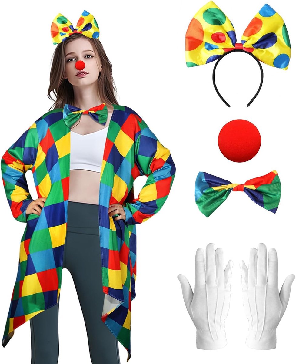 Clownskostuumset van 6 stuks, clownskostuum voor dames, poncho, jas, clowns kostuumaccessoires, volwassenen, regenboog, clownkostuums voor Halloween, carnaval, cosplay, feest