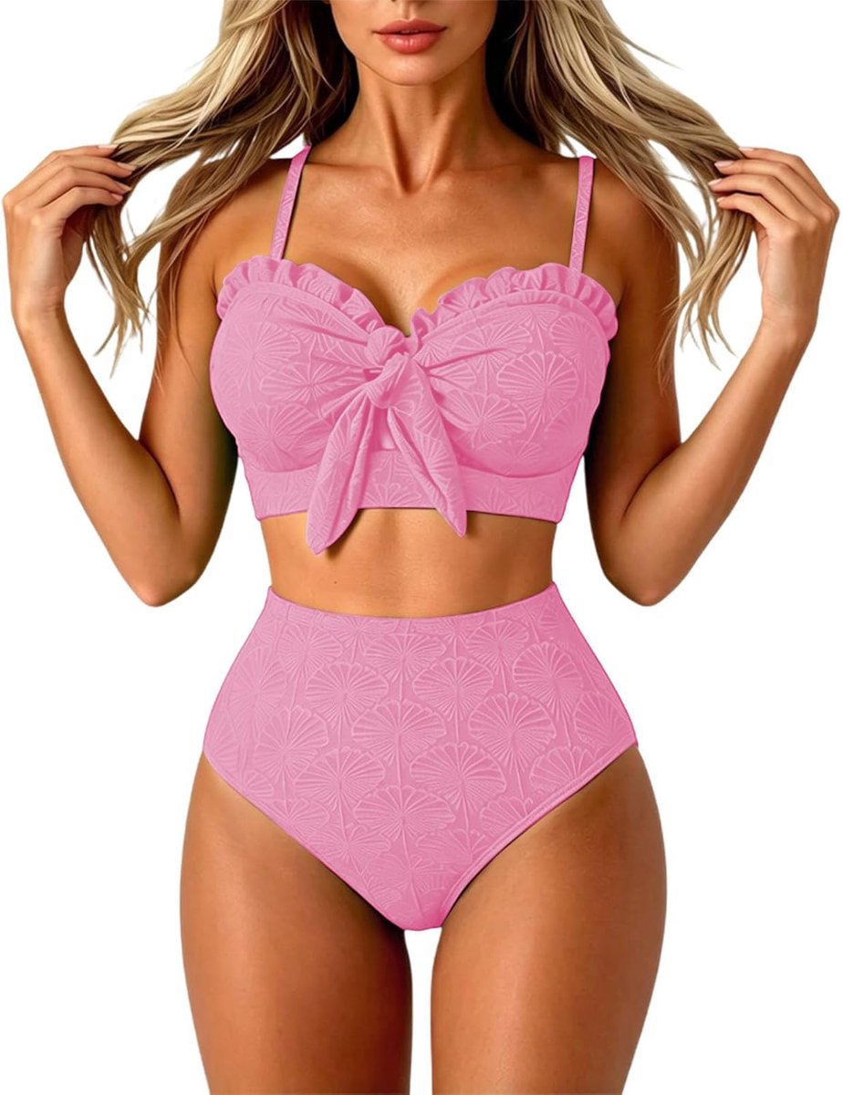 Sexy bikini met push-up bh en hoge taille, knoopdetail en schelpmotief