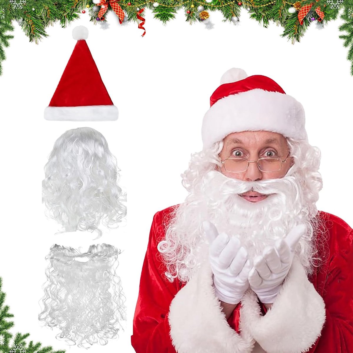 Kerstman en baard en muts set, hoed en pruik en baard, kerstman, verkleedaccessoires, cosplay, maskerfeesten