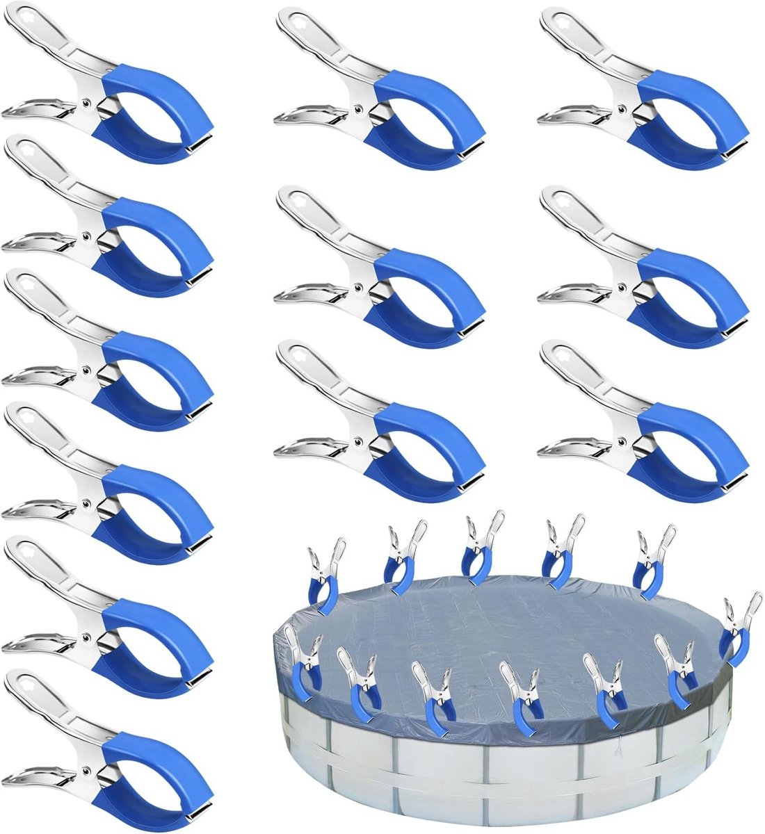 Metalen voor klemmen voor zwembad, 12-delig, zwembadafdekzeil met sterke klemkracht voor het drogen van zwembadstoffen, parasols en kleding (blauw)