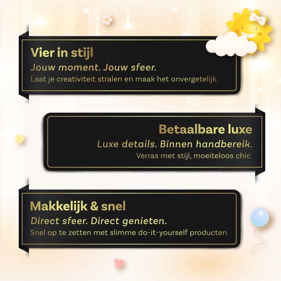 Tekstvakken met de titels: Vier in stijl, Betaalbare luxe, Makkelijk & snel.