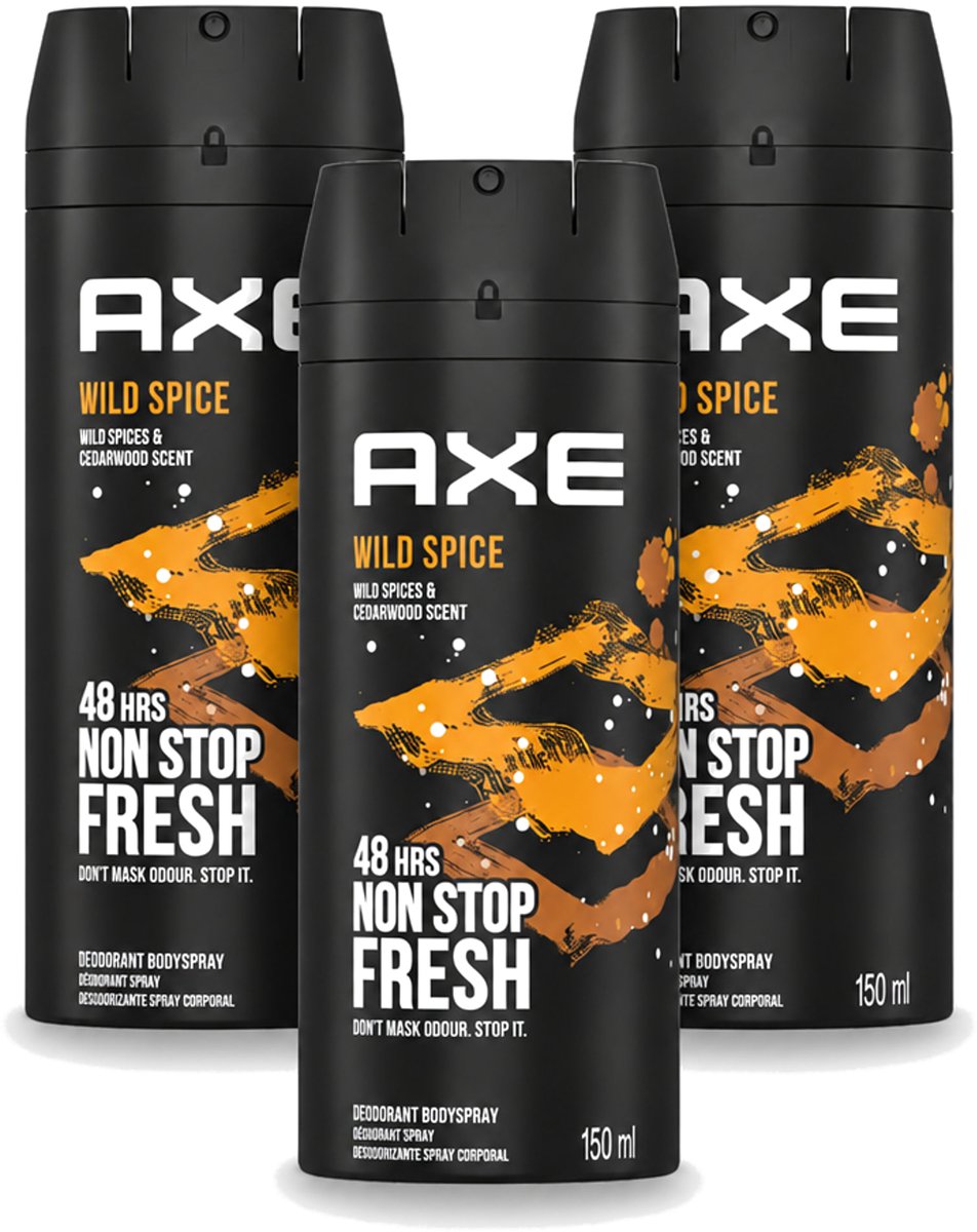 3 x Axe - Deodorant Bodyspray - 48hrs Non Stop Fresh - Wild Spice - Wild Spices & Cedarwood - 150 ml - Bulkverpakking - 3 stuks