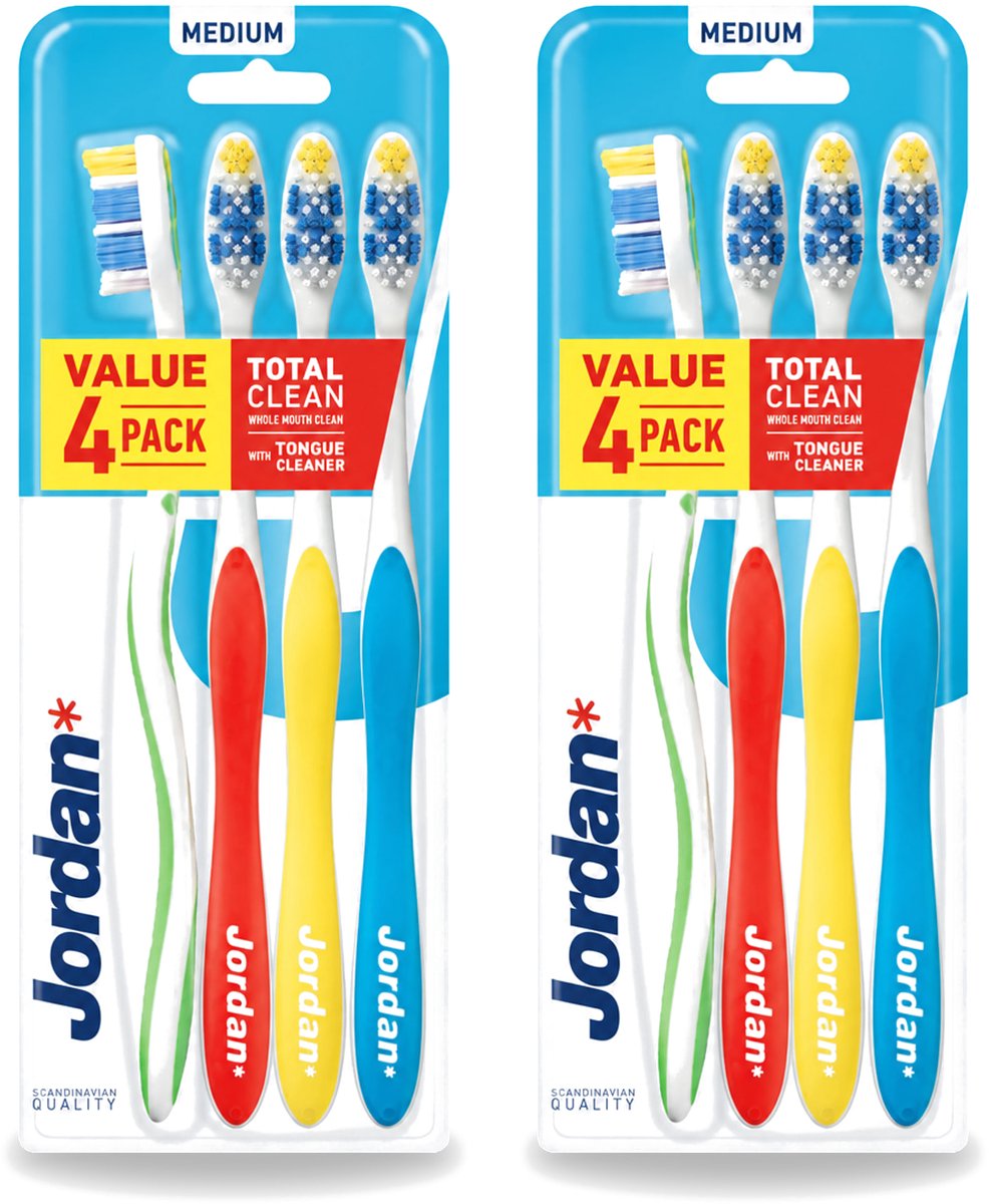 2 x Jordan - Total Clean - Tandenborstels Medium - 4 Tandenborstels - Bulkverpakking - 2 stuks