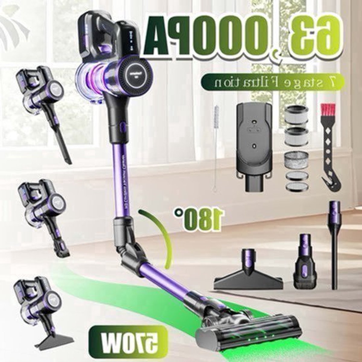 Yanhama H3 Wireless Vacuum Cleaner, Handheld Vacuum Cleaner, 7-level Filtration System, 180° Flexible Steering, Compatible with Multiple Accessories for Various Scenarios. Deep Cleaning Of Household, Pet Hair, Sofa And Floor
