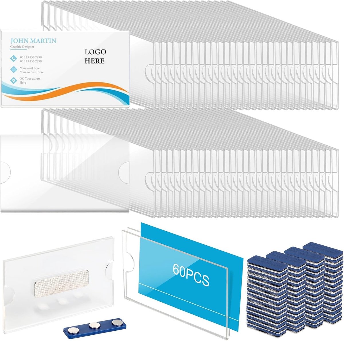 Pack van 60 Magnetische Plastic ID Kaarthouders, 90 x 54 mm, Transparante Magnetische Labels voor Kleding, Naamplaatjes met Sterke Zelfklevende Magneten