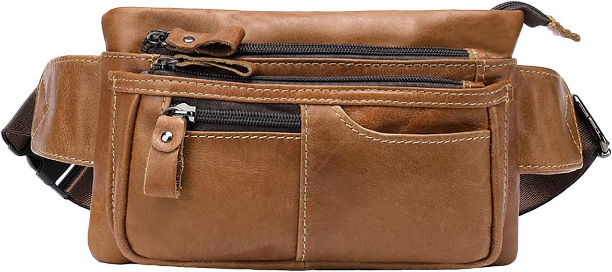 lederen heuptas, heuptas, gordeltas, premium heupriem, veel vakken, rundleer voor outdoor, biker, paardrijden, wandelen, lichtbruin, Eén maat, Riemtas