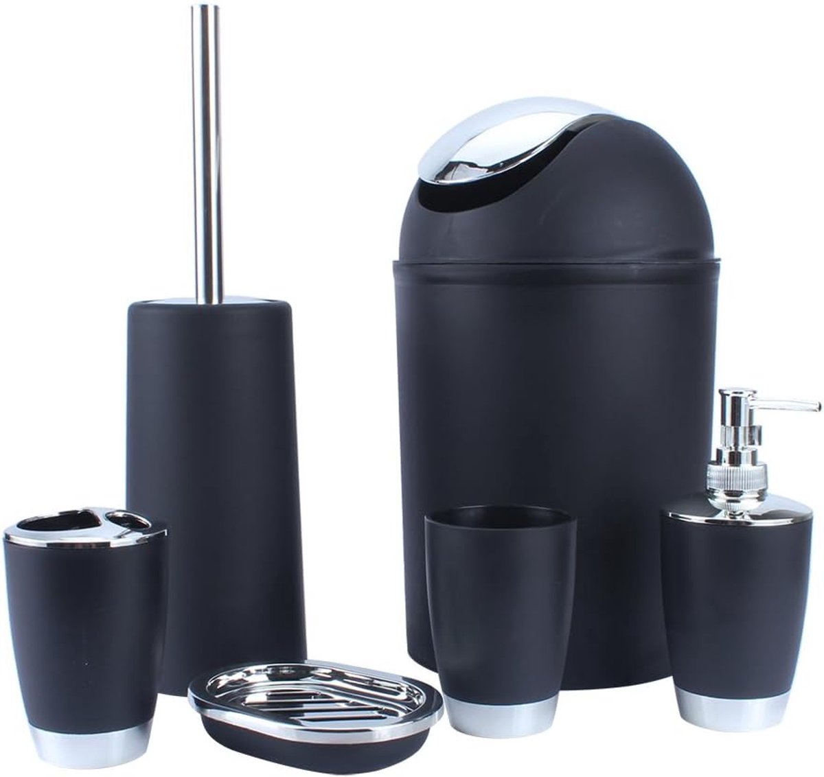 6 stuks badkamer accessoires set badkamer decor met zeepbakje tandenborstel beker tandenborstel houder lotion dispenser prullenbak toiletborstel met houder, kunststof zwart