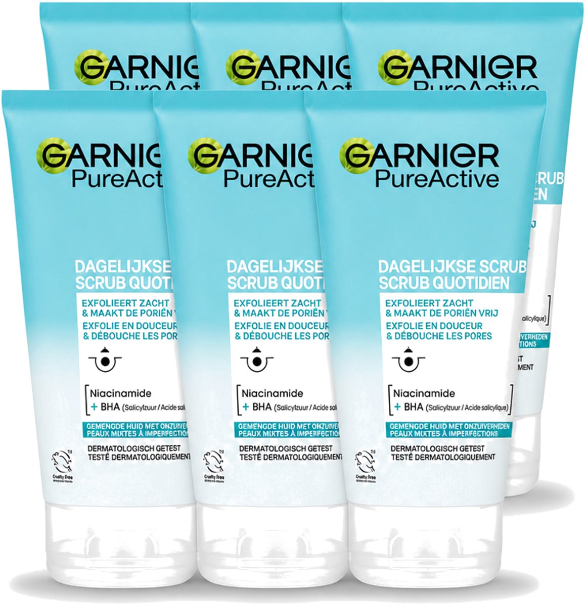 6 x Garnier - Pure Active - Dagelijkse Scrub - Niacinamide & BHA - Exfolieert & Reinigt Poriën - 150 ml - Voordeelverpakking - 6 stuks