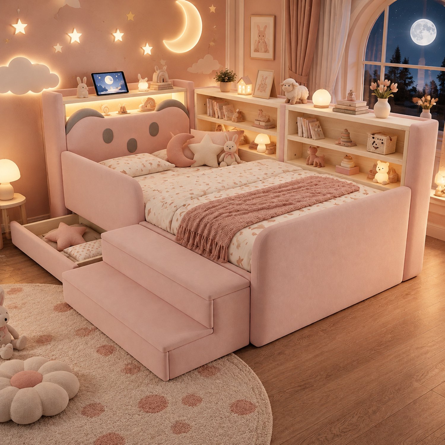 Mulder Living Eenpersoonsbed 90x200 cm - Kinderbed - Gestoffeerd bed - Vloerbed - Met opbergruimte - Met lades - Met hoofdbord - Met led-lichtstrip - Met een USB-poort - Met een afneembare voetsteun - Met planken - Met Lattenbodem - Fluwelen stof - Roze