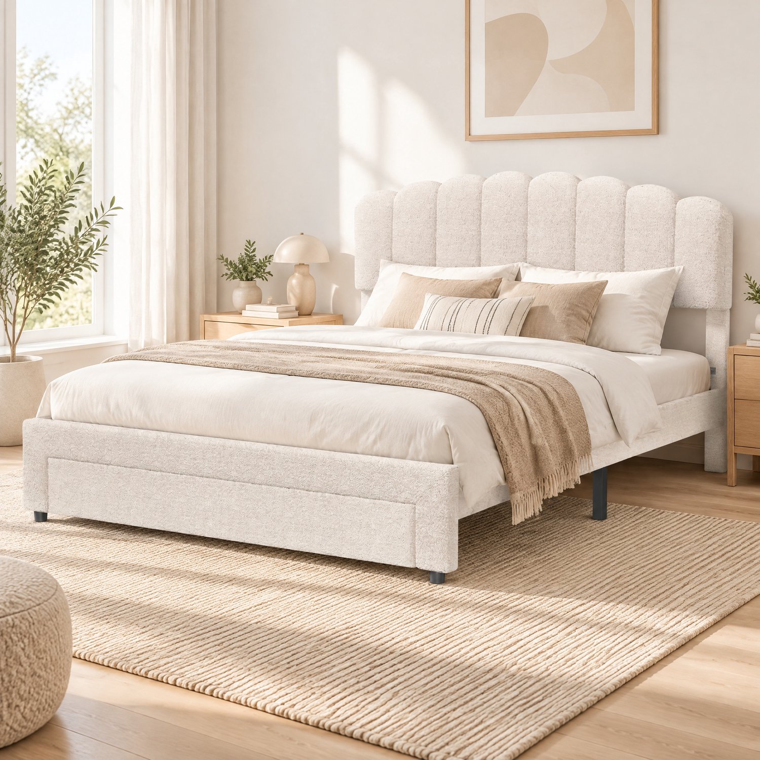 Yelenaro Bed 140x200 cm met verstelbaar hoofdeinde, Gestoffeerd tweepersoonsbed met opberg lade, 2 USB en 1 Type-C oplaadpoorten, Stabiel hout metaal bedframe voor slaapkamer, Teddy fleece Beige