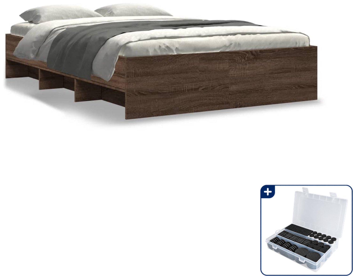 vidaXL bedframe - 135 x 190 cm - bewerkt hout - bruineiken - Inclusief antikrasvilt 177-delig Wit