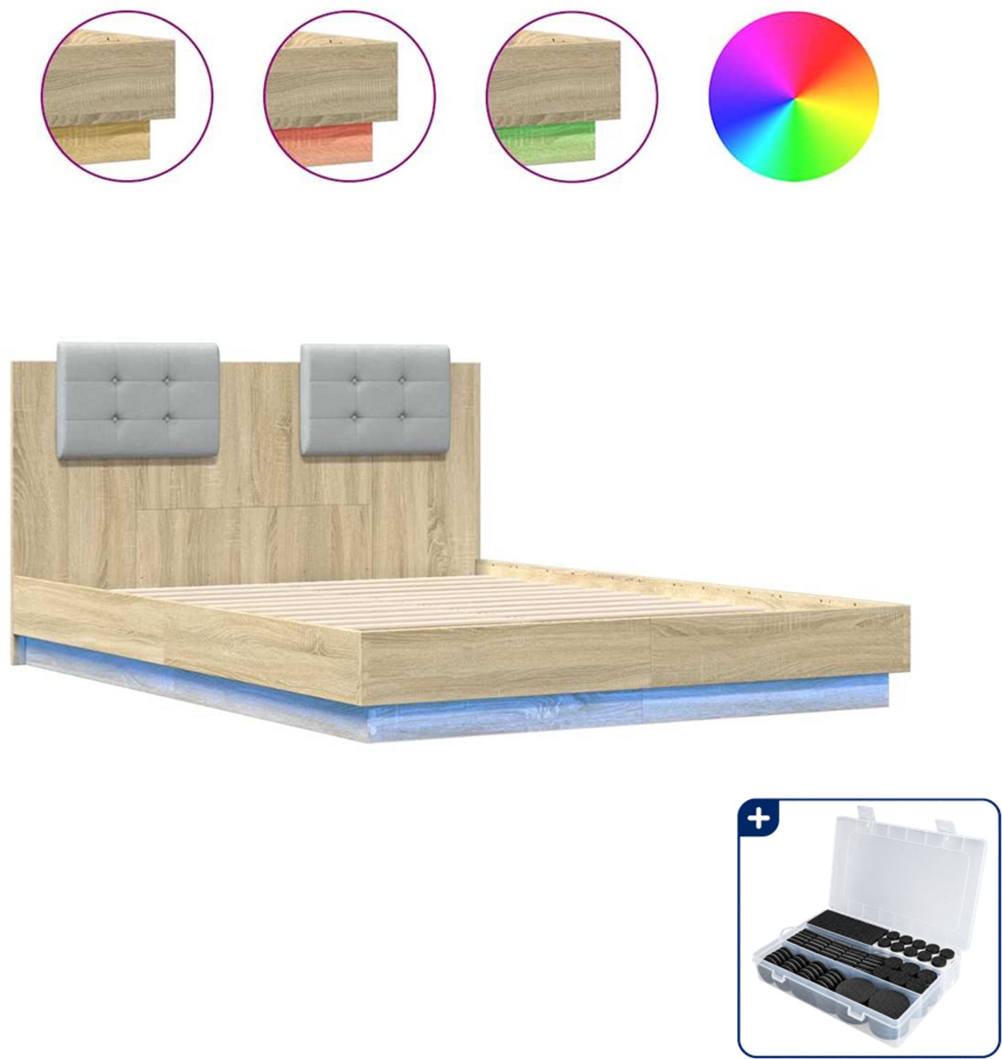 vidaXL bedframe met hoofdbord en LED - 120 x 190 cm - sonoma eiken - Inclusief antikrasvilt 177-delig Bruin