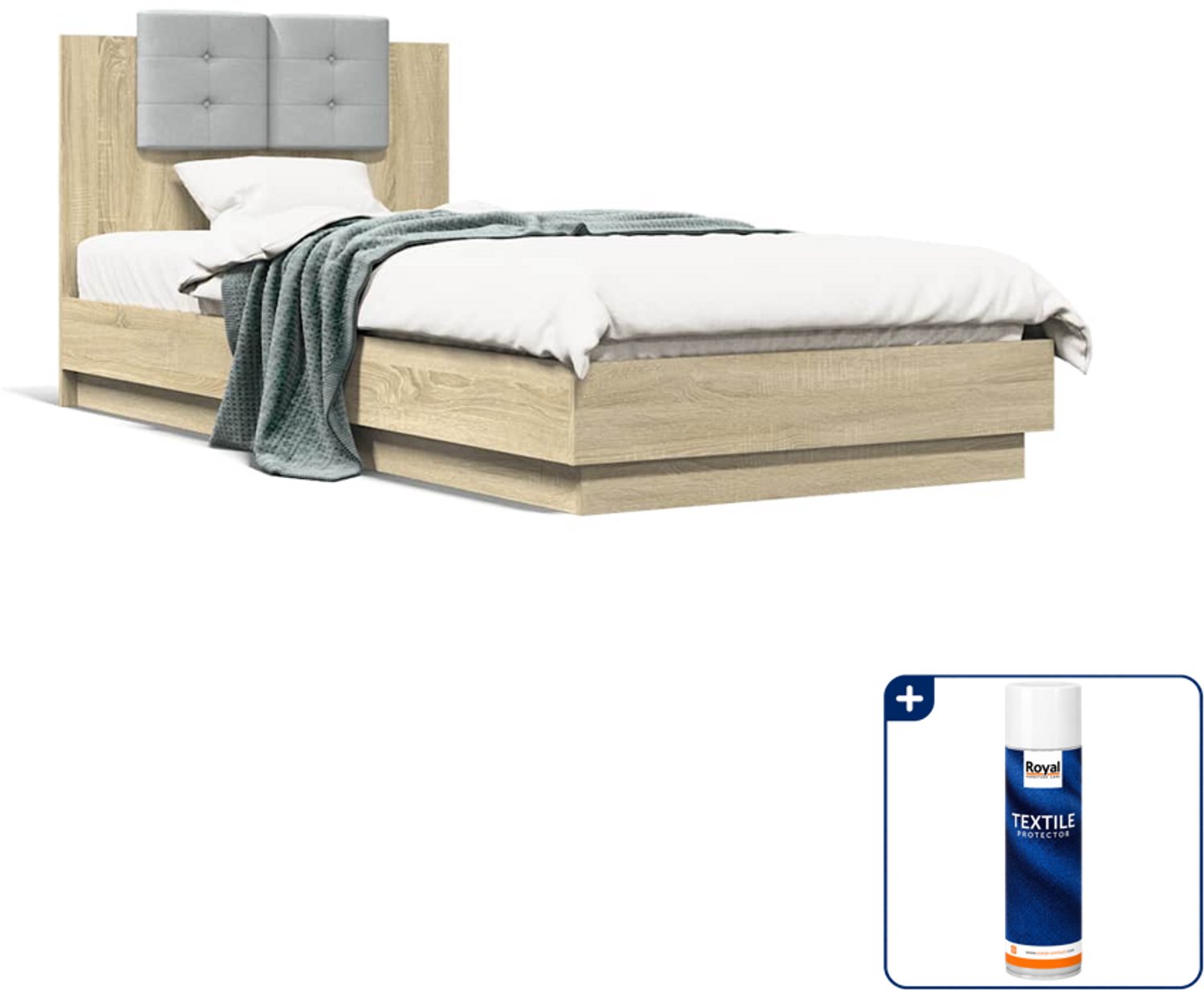 vidaXL bedframe met hoofdeinde - 90 x 200 cm - bewerkt hout - sonoma eiken - Inclusief textielbeschermer 500 ml Bruin
