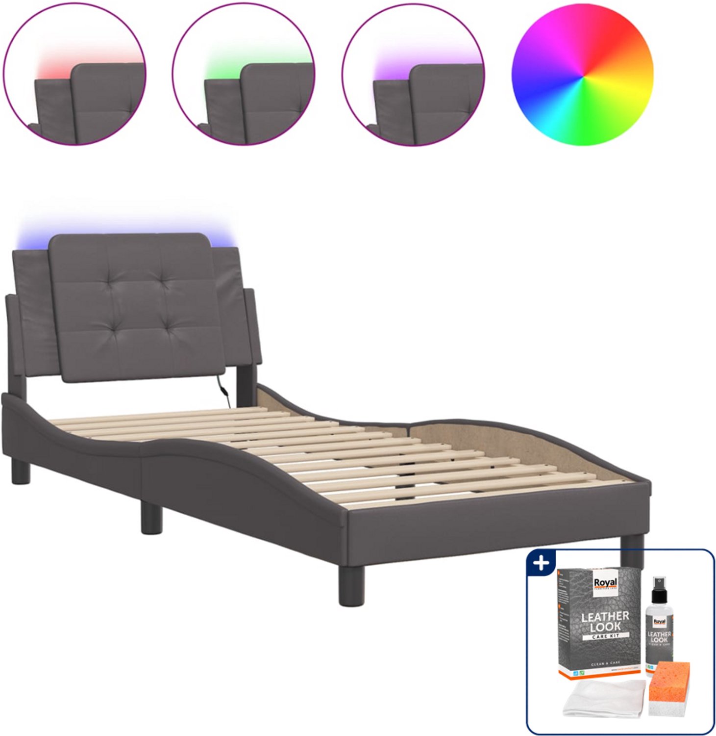 vidaXL Zadar bedframe met LED - 90 x 190 cm - grijs - Inclusief onderhoudsset voor kunstleer 150 ml
