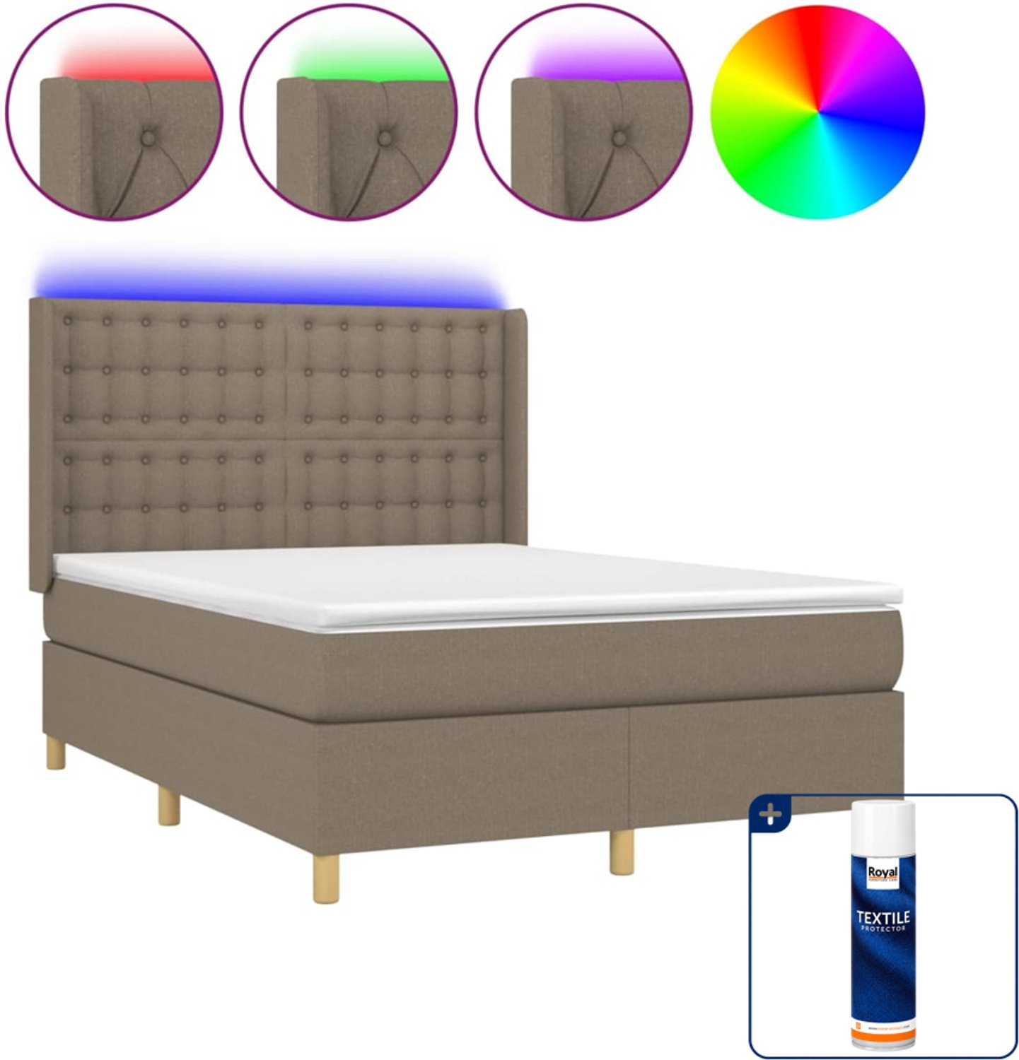 vidaXL boxspring met matras en LED - 140 x 190 cm - taupe - Inclusief textielbeschermer 500 ml