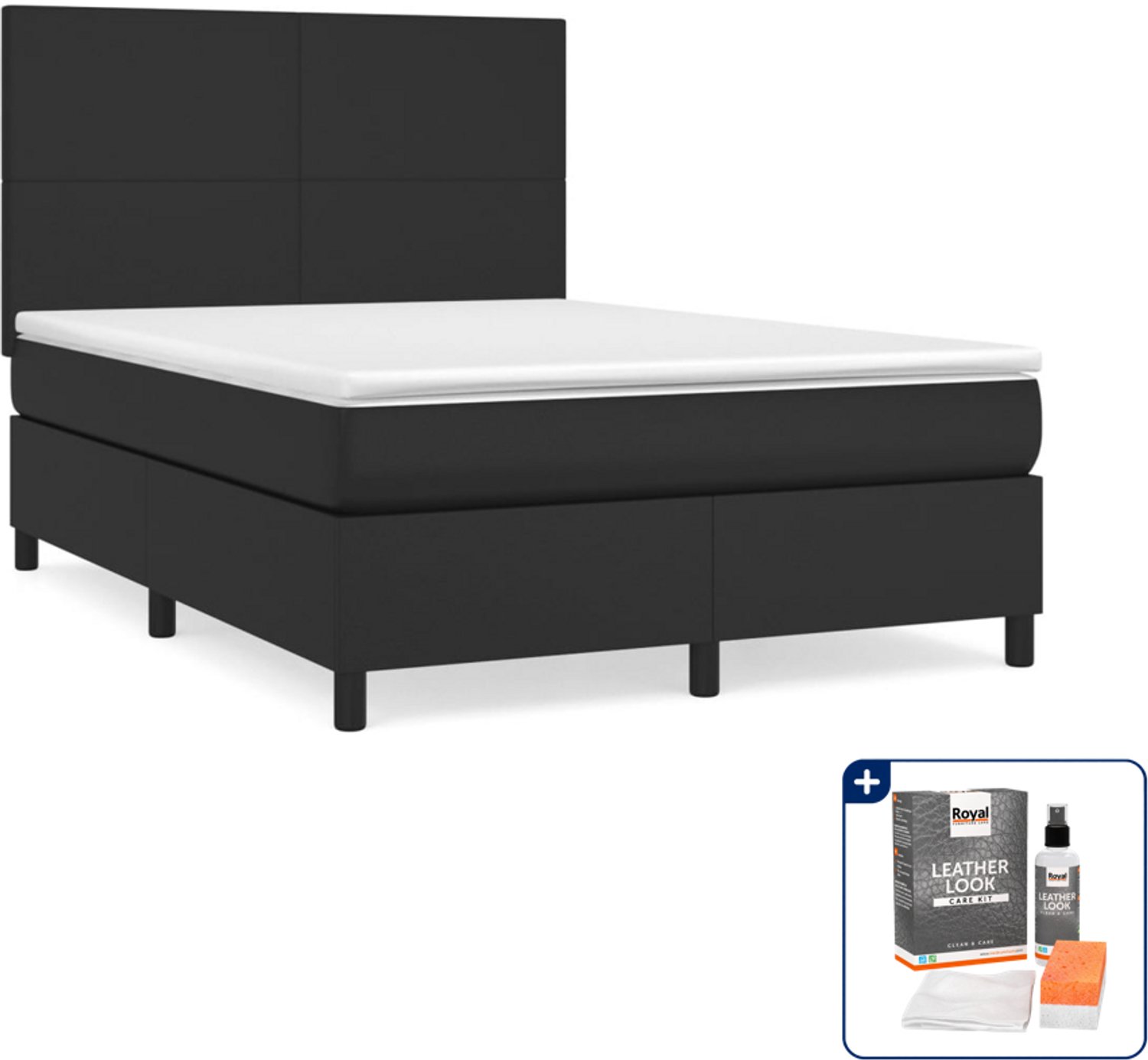 vidaXL boxspring met matras - 140 x 190 cm - kunstleer - zwart - Inclusief onderhoudsset voor kunstleer 150 ml