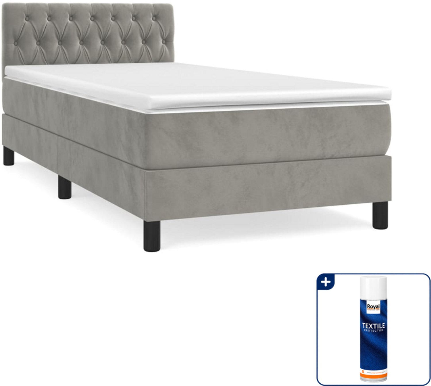 vidaXL boxspring met matras - 90 x 190 cm - fluweel - lichtgrijs - Inclusief textielbeschermer 500 ml