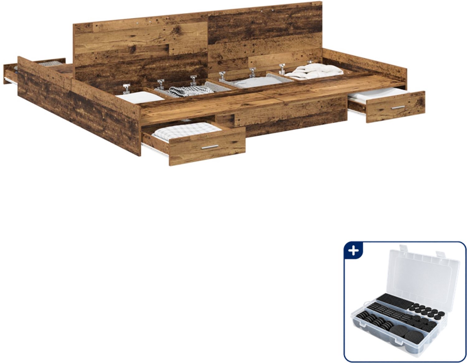 vidaXL opbergbedframe - 200 x 200 cm - oud hout - Inclusief antikrasvilt 177-delig Bruin