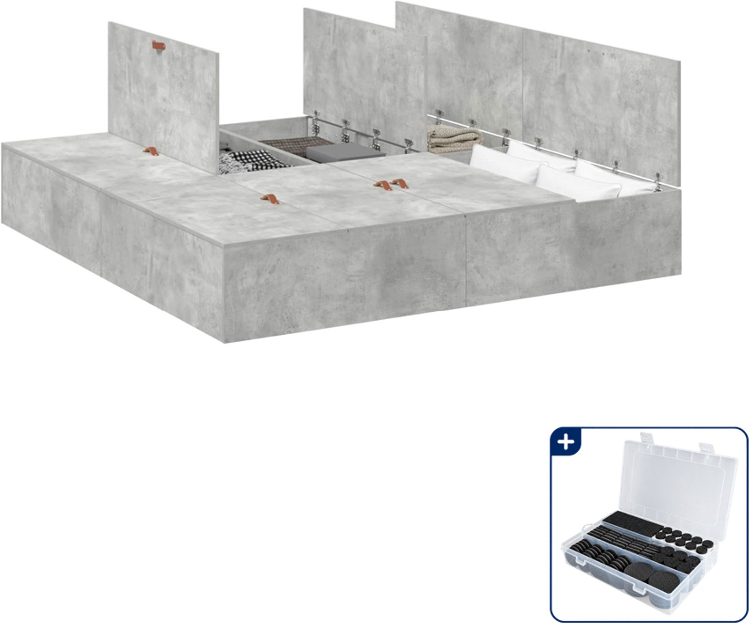 vidaXL opbergbedframe - 200 x 200 cm - beton grijs - Inclusief antikrasvilt 177-delig