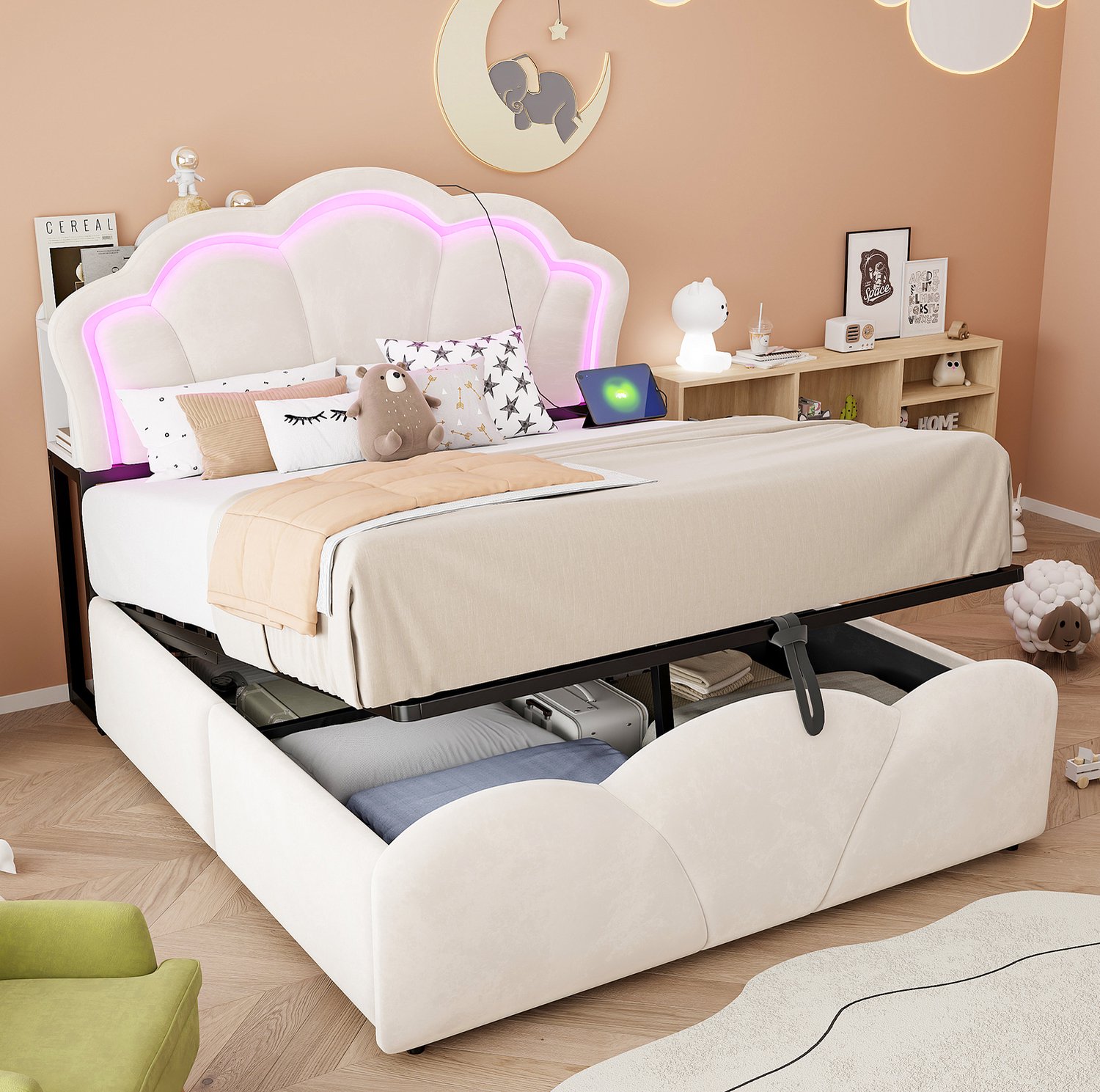 Maisentiel Gestoffeerd tweepersoonsbed 140 x 200 cm - beige fluweel - opbergruimte en LED