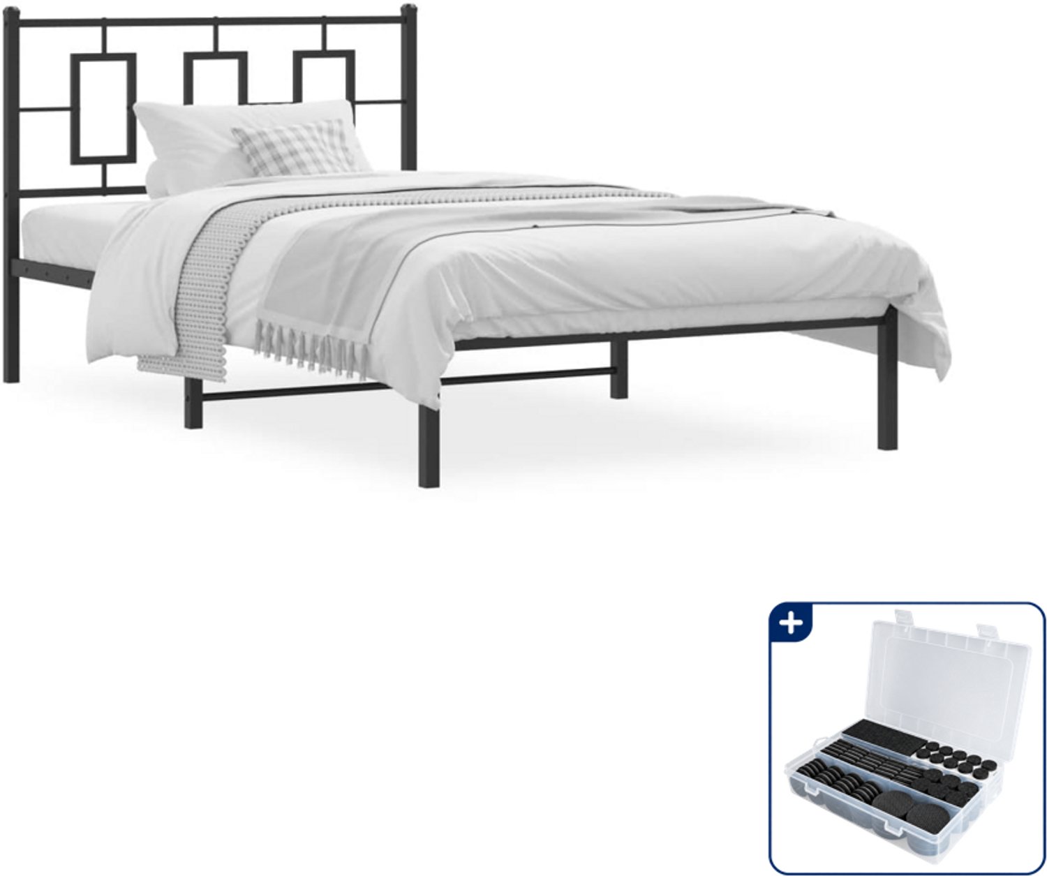 vidaXL bedframe met hoofdbord - 107 x 203 cm - metaal - zwart - Inclusief antikrasvilt 177-delig
