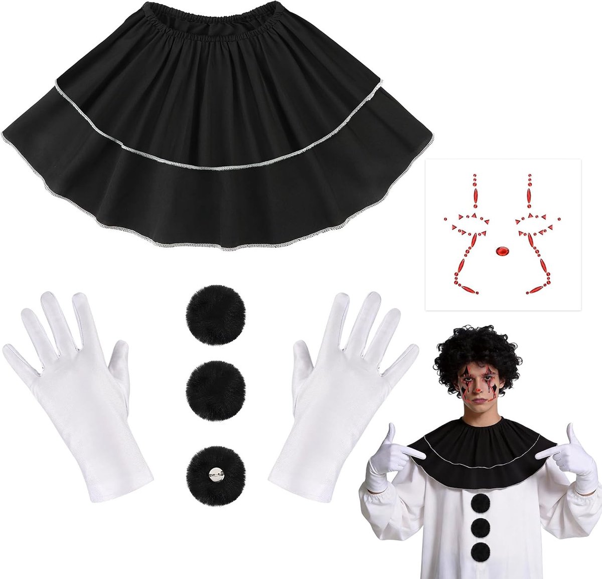 Clown Kostuum Accessoires voor Volwassenen en Kinderen - Witte Kraag, Handschoenen en Pompom voor Halloween en Carnaval Feestjes
