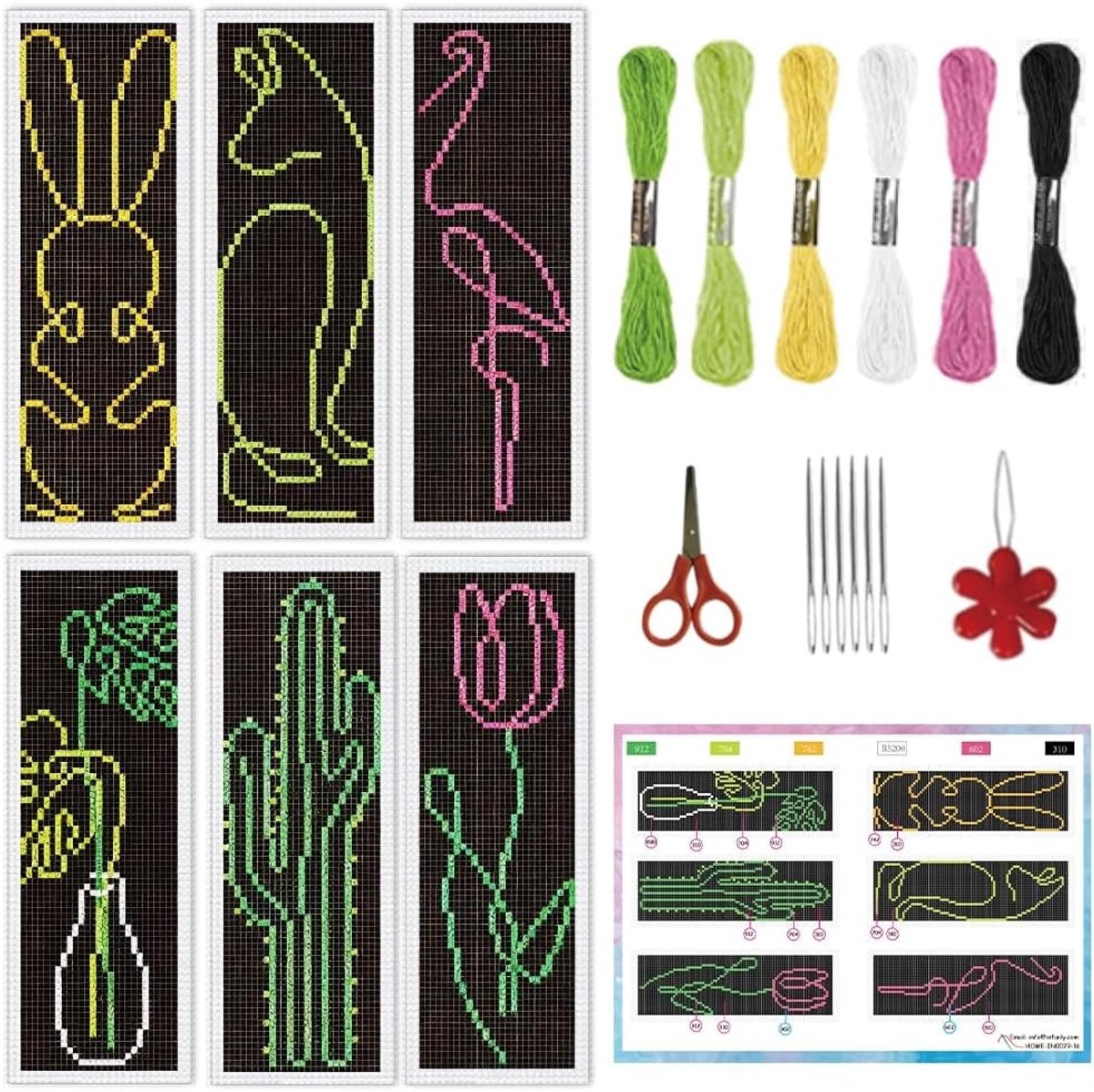 6 Pcs Dieren Cross Stitch Bookmark Kit voor Beginners - DIY Abstracte Planten Borduurmarkeringen met Instructies en Eenvoudige Naaipunt Set