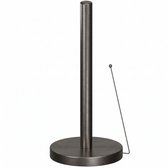 Een geborstelde gunmetal keukenrolhouder met een ronde basis, staander en snelscheurarm.