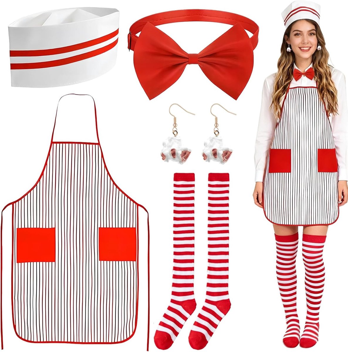 Retro Popcorn Kostuum met Schort, Kookmuts, Strik en Popcorn Oorbellen voor Carnaval en Feestjes