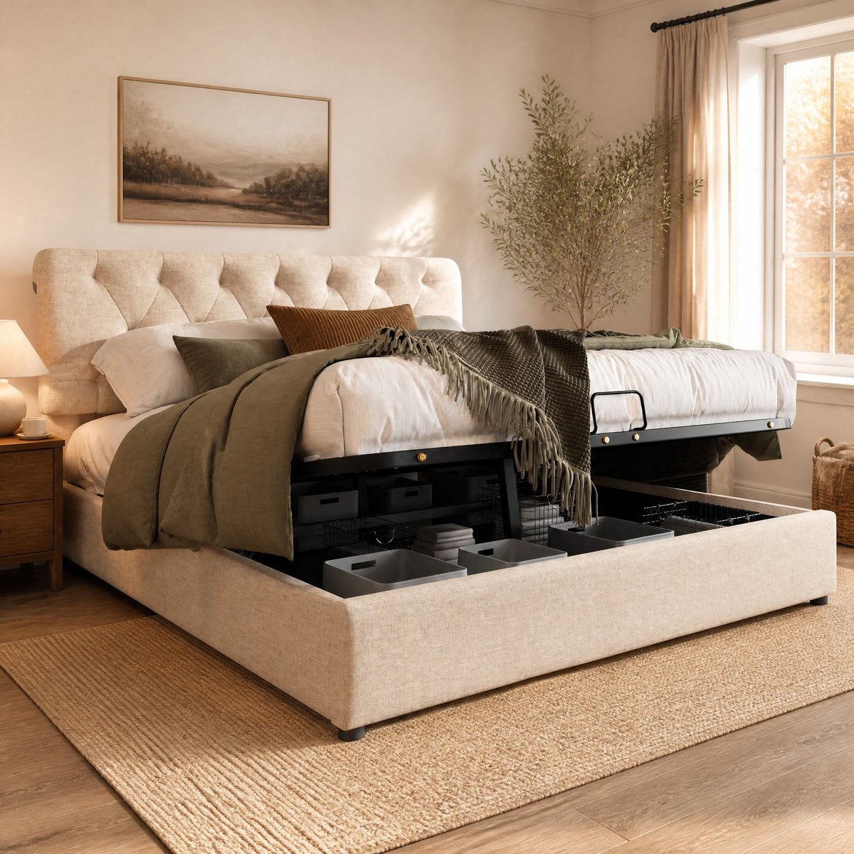 COVREO Opbergbed met lift – 140x200 cm – Slaapframe met verstelbaar hoofdeinde – Lattenbodem voor 2 personen – Naturel - met matras