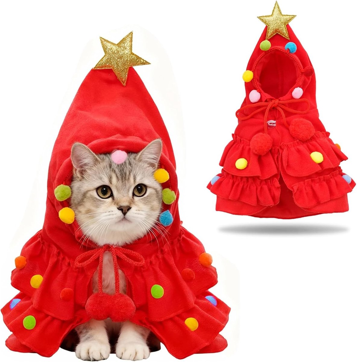 Kerstkostuum voor Huisdieren met Kleurrijke Ster en Pompom, Cape voor Katten en Honden, Feestelijke Cosplay Outfit voor Dieren in Rood