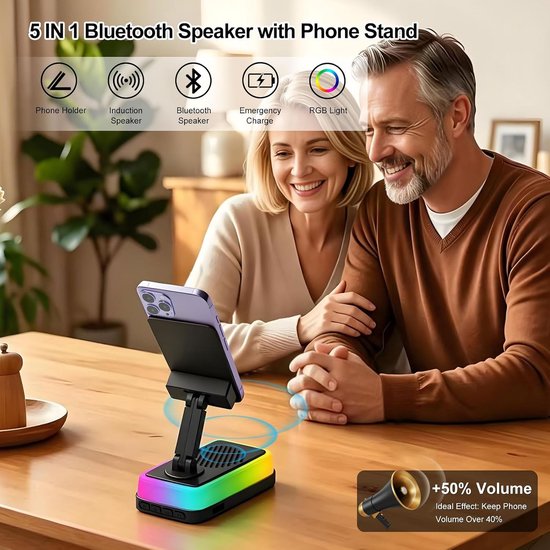 Draadloze Inductiespeaker met Telefoonstandaard, 5-in-1 Bluetooth Speaker met RGB-verlichting en 3000mAh Noodlader, Verstelbare Houder, Geschikt voor Apple iPhone en iPad, Samsung Galaxy en Android-apparaten, Praktisch Gadget-Zwart — afbeelding 4