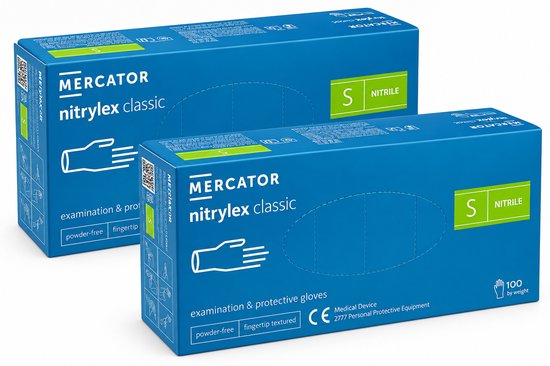 Twee blauwe dozen Mercator nitrylex classic nitril handschoenen, maat S, poedervrij, 100 per doos.