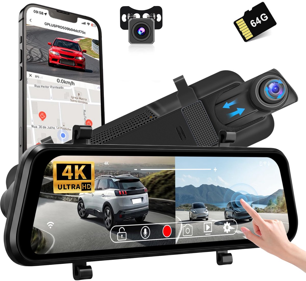 9,66 inch 4K dashcam achteruitkijkspiegel met achteruitrijcamera, voor en achter, dubbele lens, dashcam auto - ShopVlot