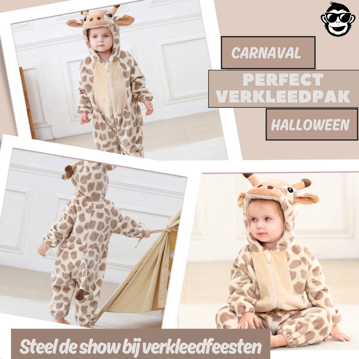 BoefieBoef Dieren Kleuter Onesie Giraffe Peuter Pyjama Kinderen – Verkleedkleding met Luierrits – Carnaval Dierenpak - Kraamcadeau - Zacht Flanel - Baby Romper - Boxpak - Jongens - Meisjes - Kruippak - Giraf Bruin — afbeelding 4