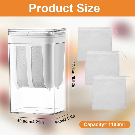 Yoghurtmaker 1100ml met deksel en fijne roestvrijstalen zeef voor Griekse yoghurt, verse kaas en notenmelk maken — afbeelding 2