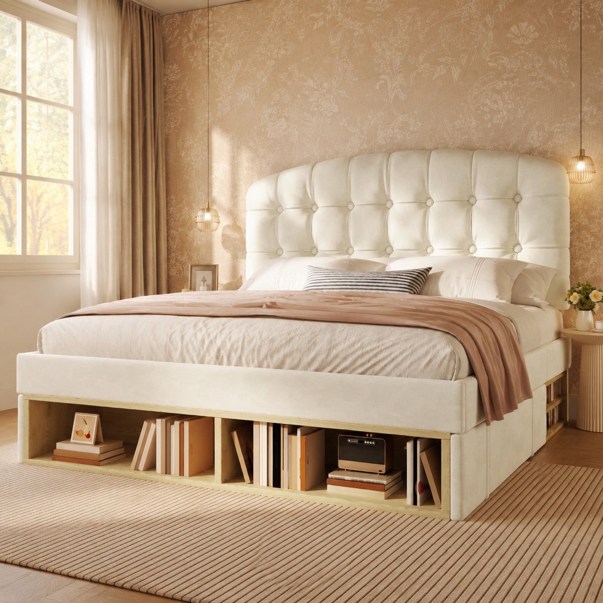 COVREO Bed met verstelbaar hoofdeinde – 140x190 cm – Polsterbed met lades en opbergruimte – Volwassenen – Beige - zonder matras