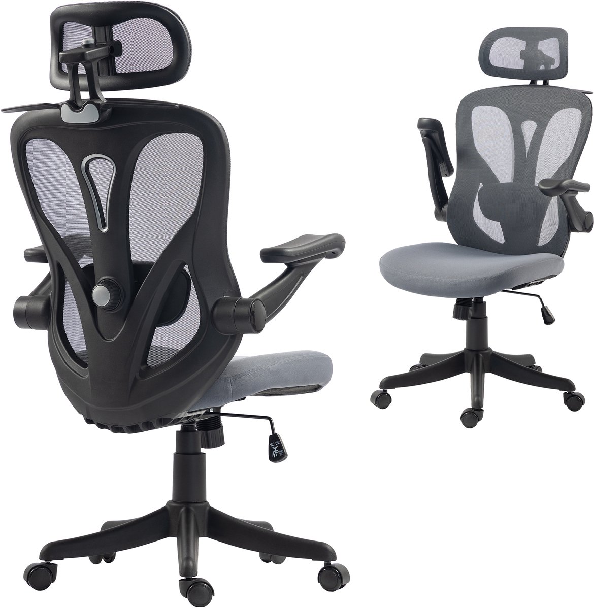 Ergonomische bureaustoel - 3D klapbare armleuningen - 2D hoofdsteun - kledinghaak - mesh - donkergrijs