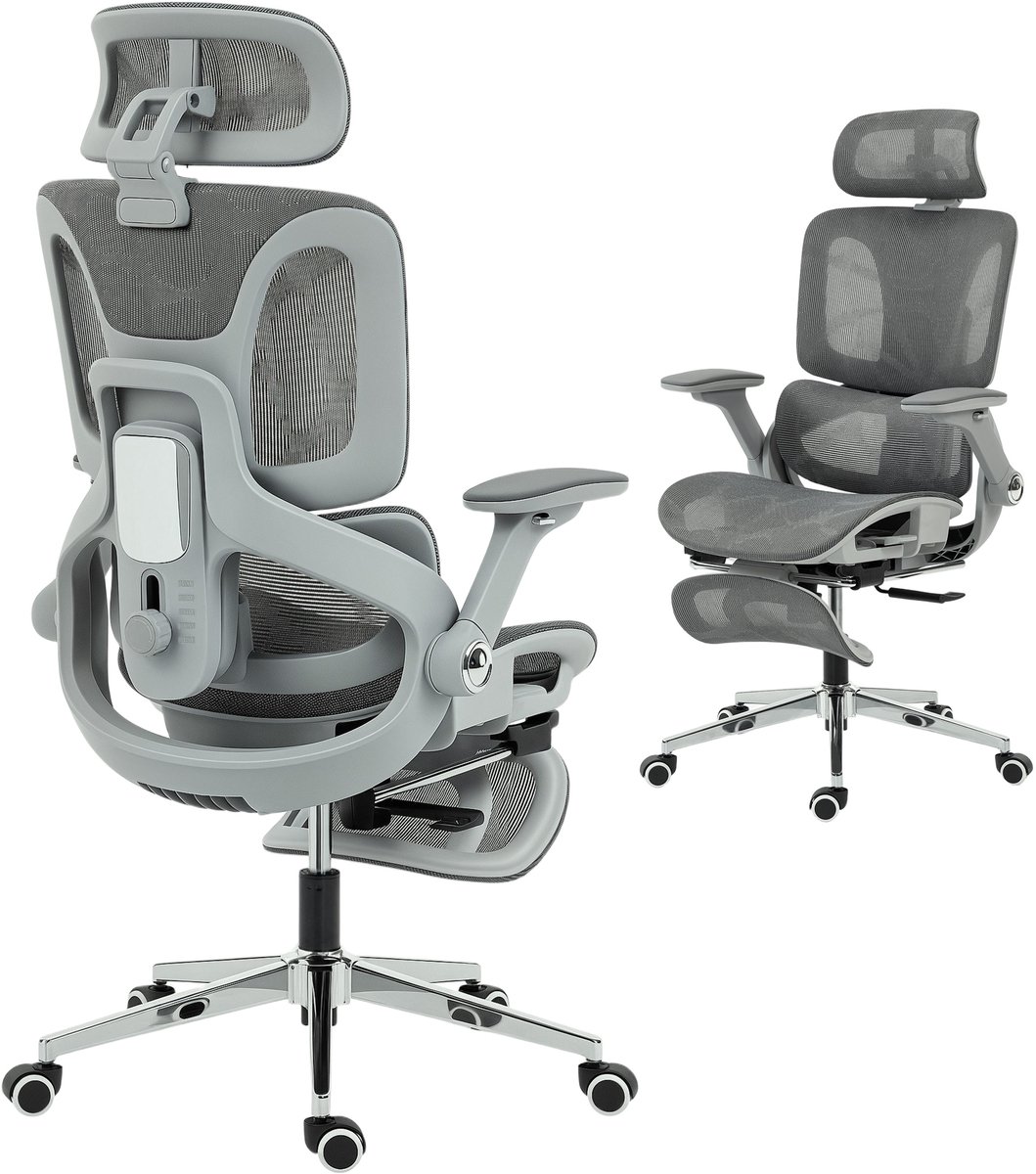 Ergonomische bureaustoel met mesh - 4D verstelbare armleuningen - Verstelbare hoofdsteun - Verstelbare zittingdiepte - Ademend mesh materiaal - Grijze kleur