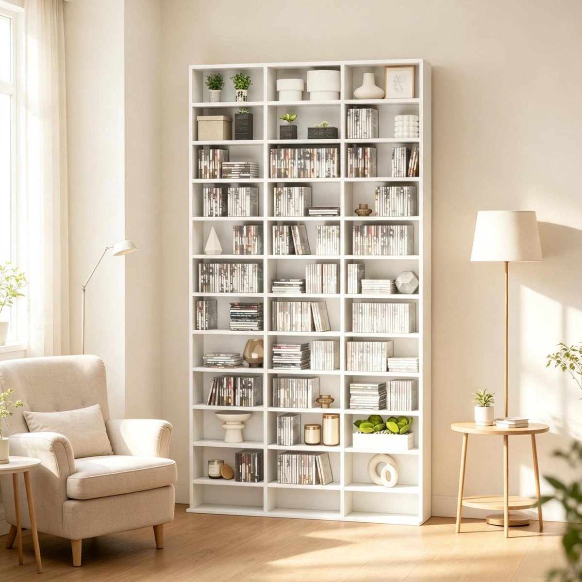 REDOM - CD/DVD-opbergrek - Verstelbare planken - Wandbevestiging - Open vakken - Modern - Woonkamer of kantoor - MDF - Wit - 102 x 23,5 x 195 cm