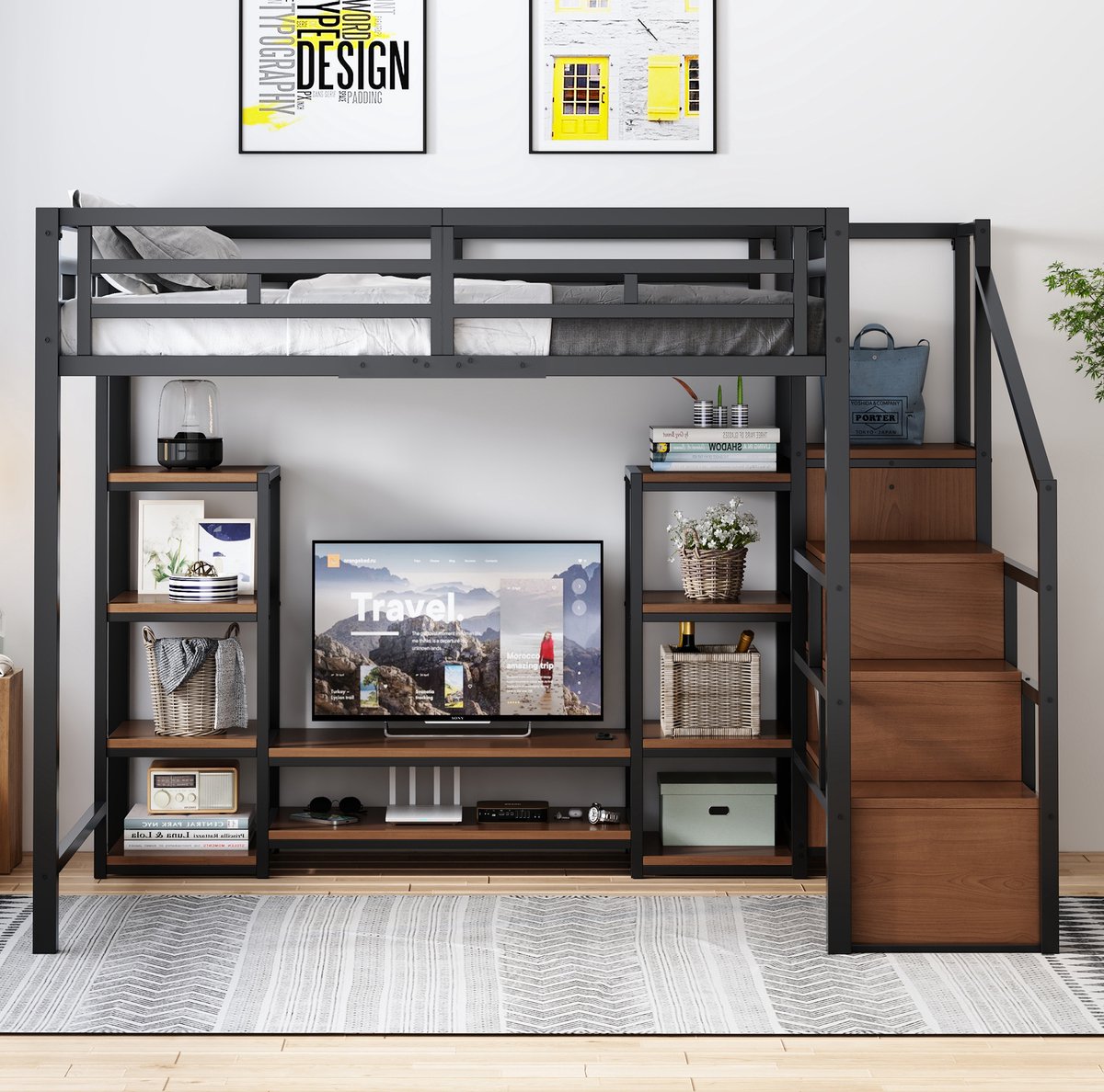 Stapelbed 140x200 cm Met Televisiestandaard En Veiligheidsladder Met Stopcontact Ruimtebesparend Metaal En MDF Zwart Zonder matras