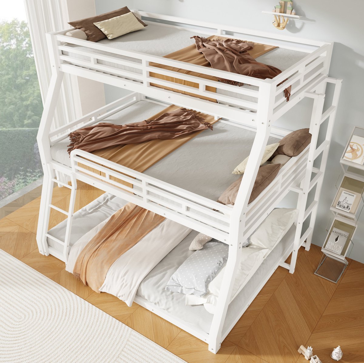 Stapelbed 140x200cm Zonder Matras - Drie Slaaplagen Met Verplaatsbare Ladder - Ruimtebesparend Voor Kinderen En Volwassenen - Metaal - Wit