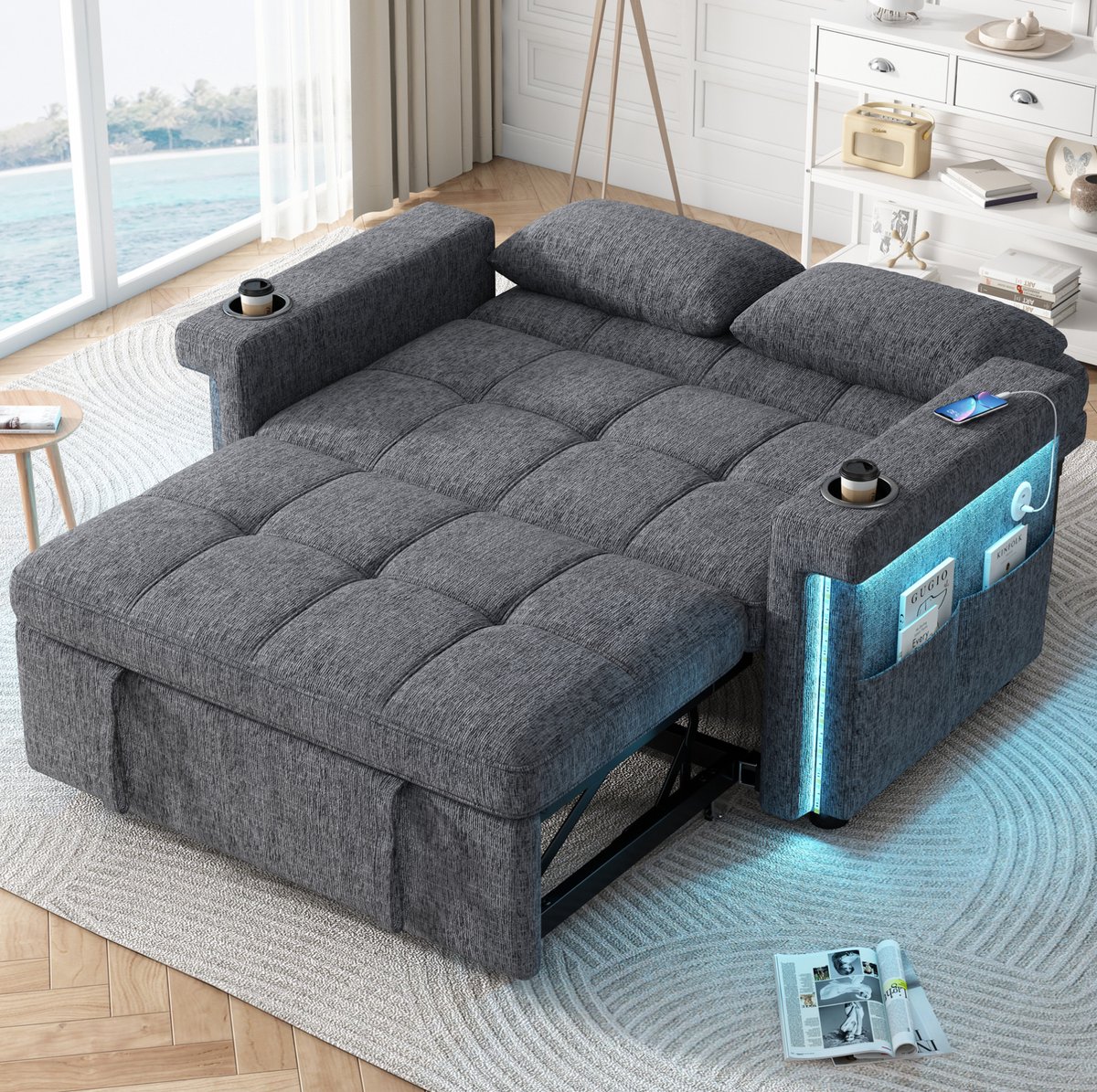 REDOM - Slaapbank - 2-zits - Schlaffunktion - LED-verlichting - USB-Type-C-laadpoorten - Verstelbare rugleuning - Chenille - Grijs - 145 x 141,5 x 90 cm