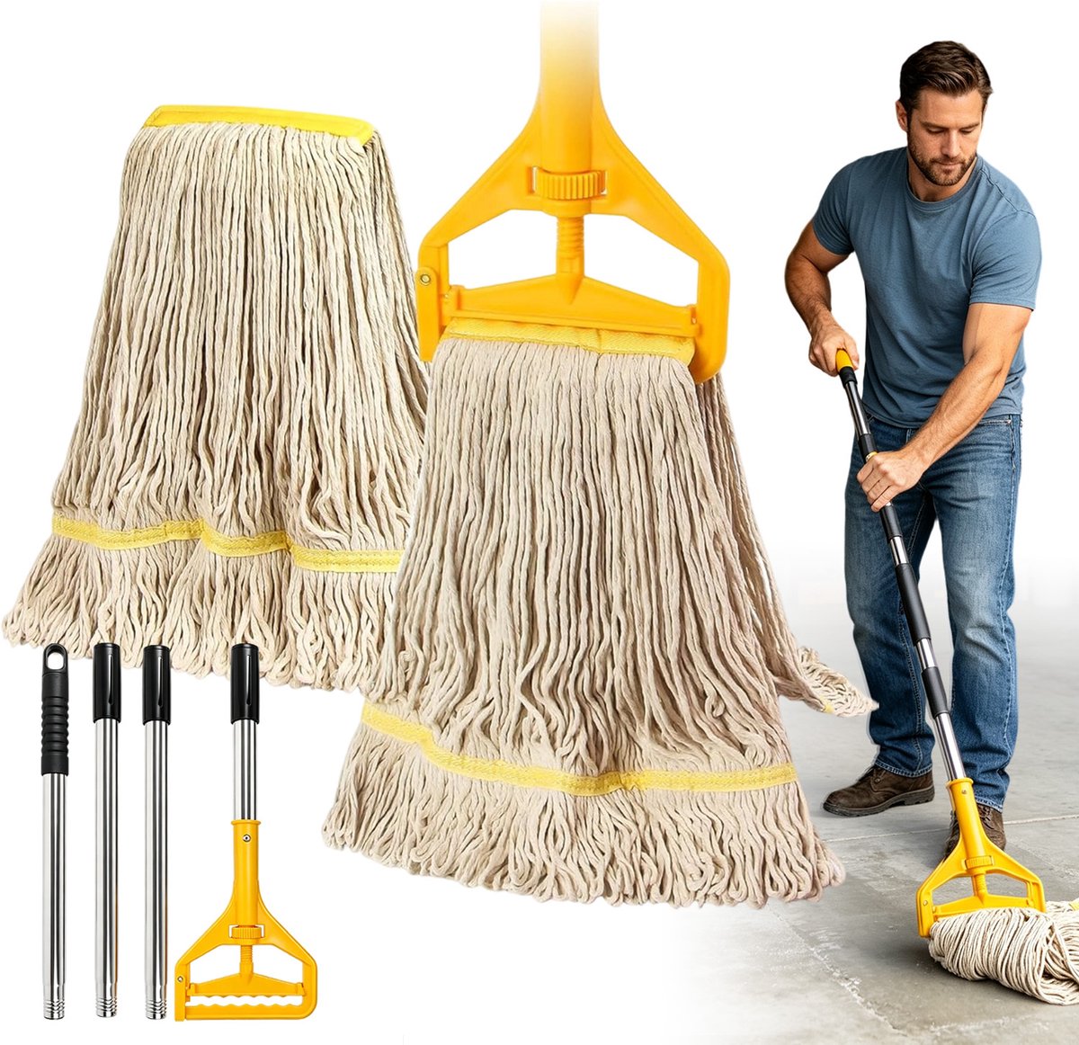 Dweil Mop Katoen - Industriële Dweil - Katoenen Touwmop - Superabsorberend - Voor Natte Vloeren - 1,5m Steel - 2 Vervangbare Koppen - 75% Katoen - Voor Hotels & Restaurants & Winkels & Werkplaatsen & Magazijnen