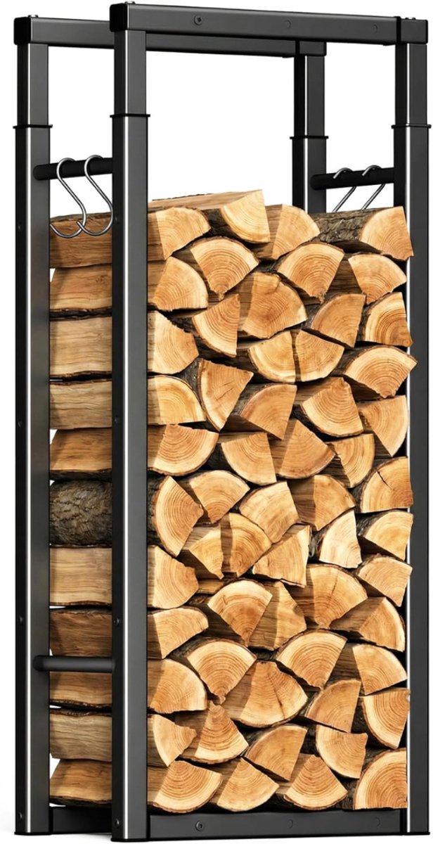 TIM® Houtrek – Houtopslag – Verstelbaar in 9 Maten - Brandhoutrek - Haardhout - Opslag – Rek Voor Binnen - en Buiten – Brandhout – Metaal - Zwart - 25cm x 65cm x 124cm