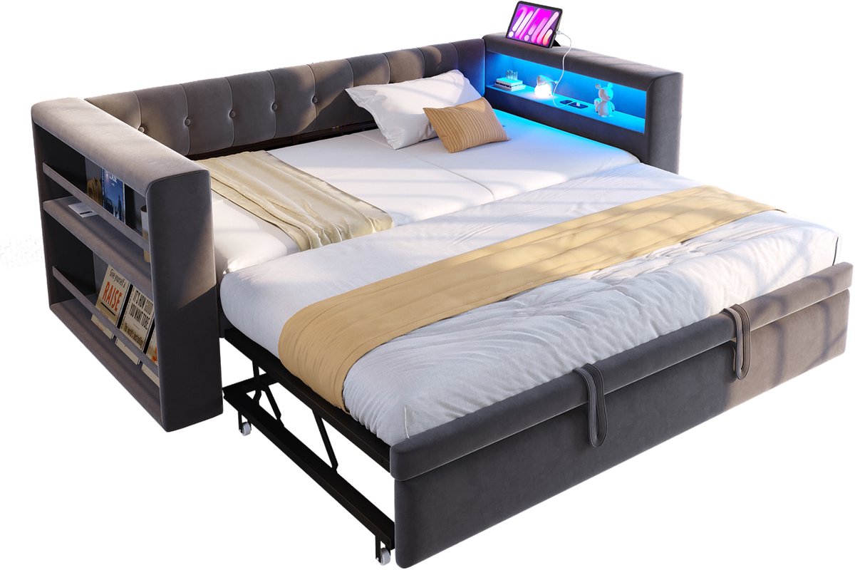 Gestoffeerd Bed - Slaapbank Met Opbergruimte - LED Verlichting - Stopcontacten - Uitschuifbaar - Logeerkamer - 90/180x190 cm - Donkergrijs(zonder matras)