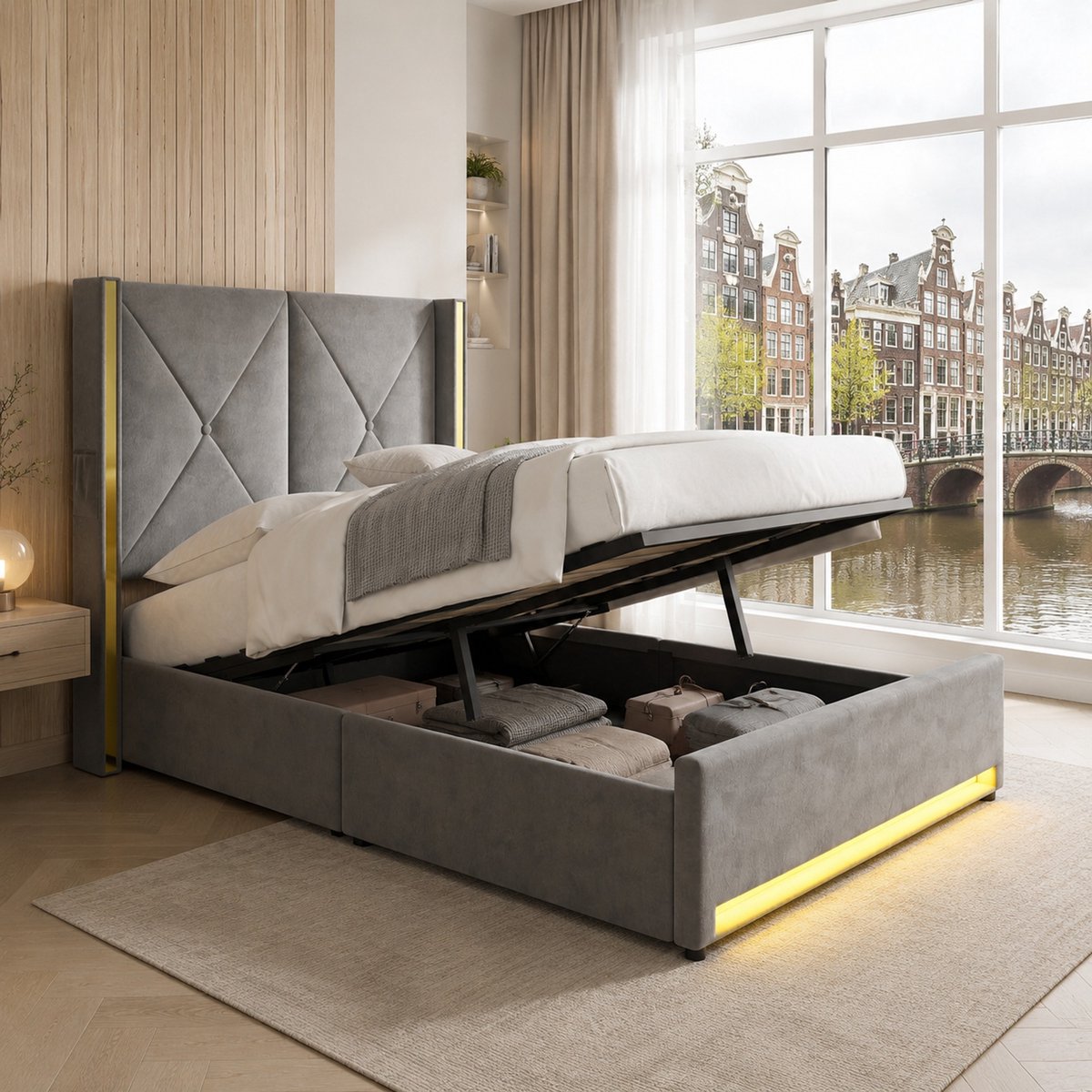 WUVRIE Veloursbett met hoog, zacht gepolsterd en gestepte hoofdeinde, zijzakken, USB & LED, hydraulisch hefmechanisme en groot onderbettendek – verenigt design, comfort en praktisch gebruik – 90x200 cm Donker Grijs