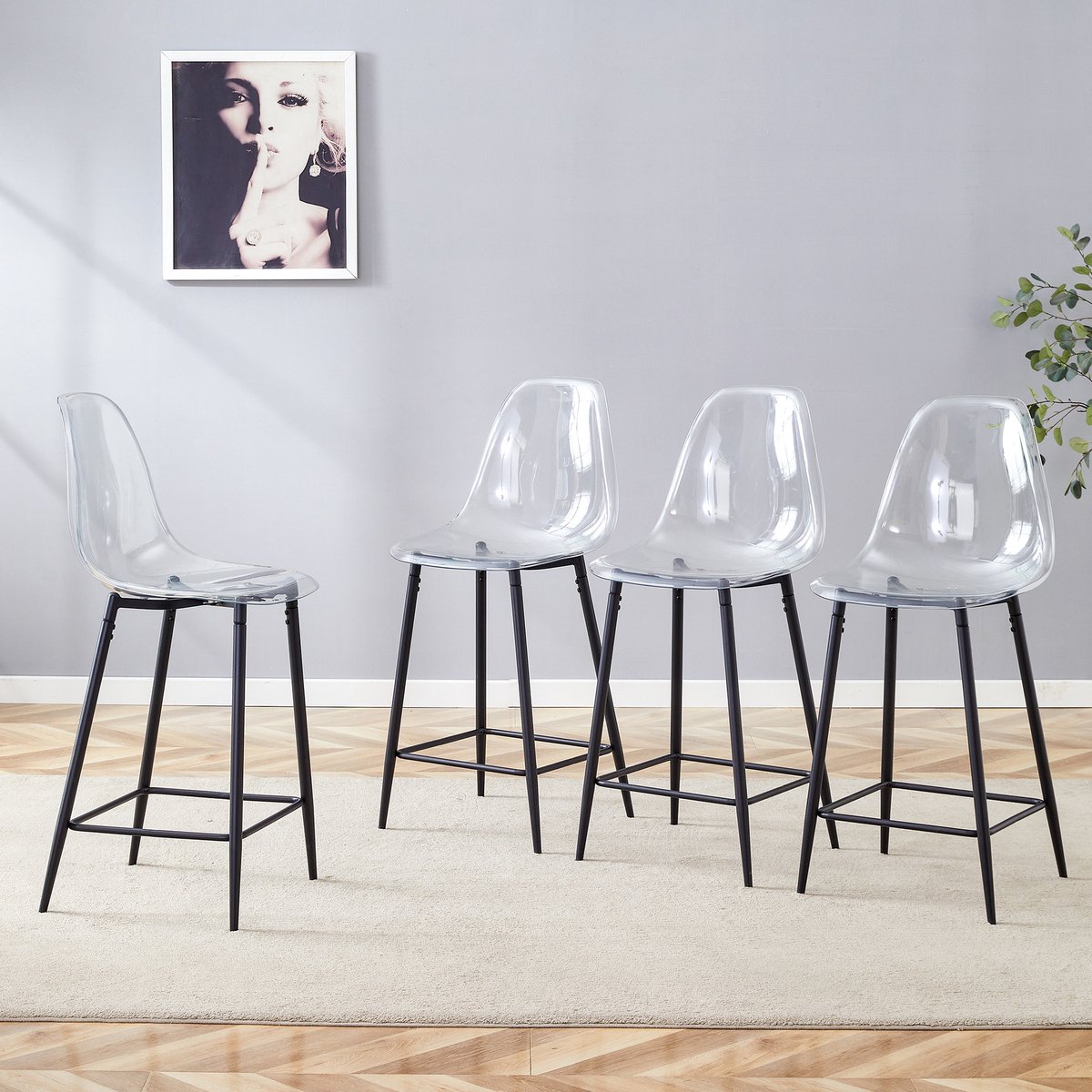 Transparante Barkruk Set van 4 - Modern Design Met Metalen Onderstel - Voor Keuken, Bar En Eetkamer - Kunststof - Zwart
