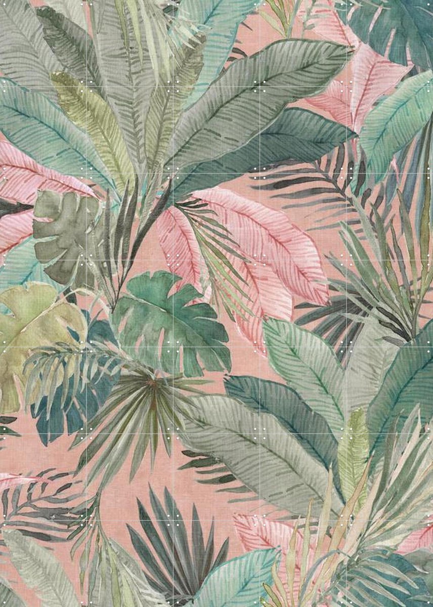 IXXI Tropical watercolour Palms leaves foliage - pink green, Bloomery Decor - 100 x 140 cm - Gratis ophangtool - Grote wanddecoratie en posters